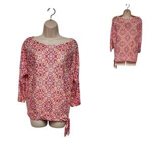 Chico's Multicolor Pink/Cream Round Neck 3/4 Sleeve Front Tie Blouse Size 1(USM)